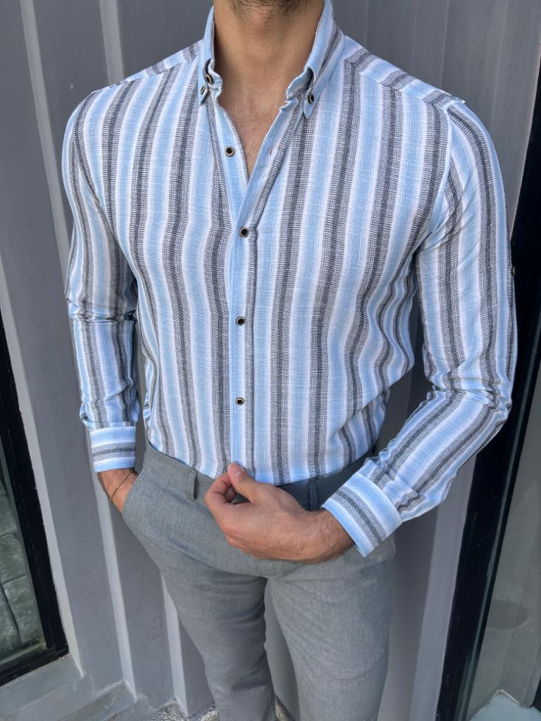 Brabion Lyon Blue Slim Fit Long Sleeve Striped Cotton Shirt