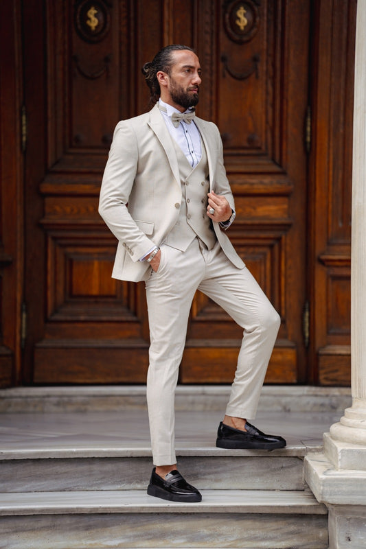 Daniel Beige Slim Fit Peak Lapel Tuxedo
