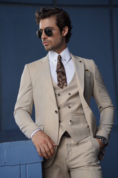 Daniel Slim Fit Cream Wool Suit - Three-Piece Elegance