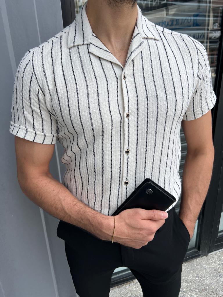 Brabion Lyon White Slim Fit Short Sleeve Striped Cotton Shirt