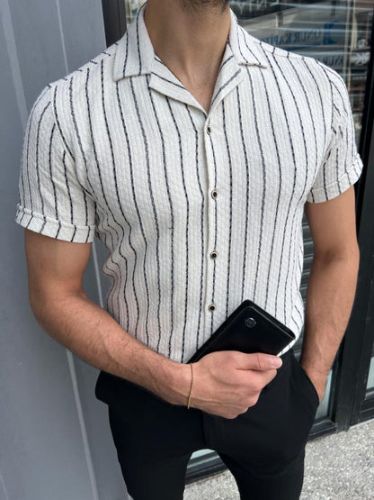 Brabion Lyon White Slim Fit Short Sleeve Striped Cotton Shirt