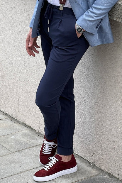 Daniel Navy Blue Cotton Pants - Slim-Fit Elegance