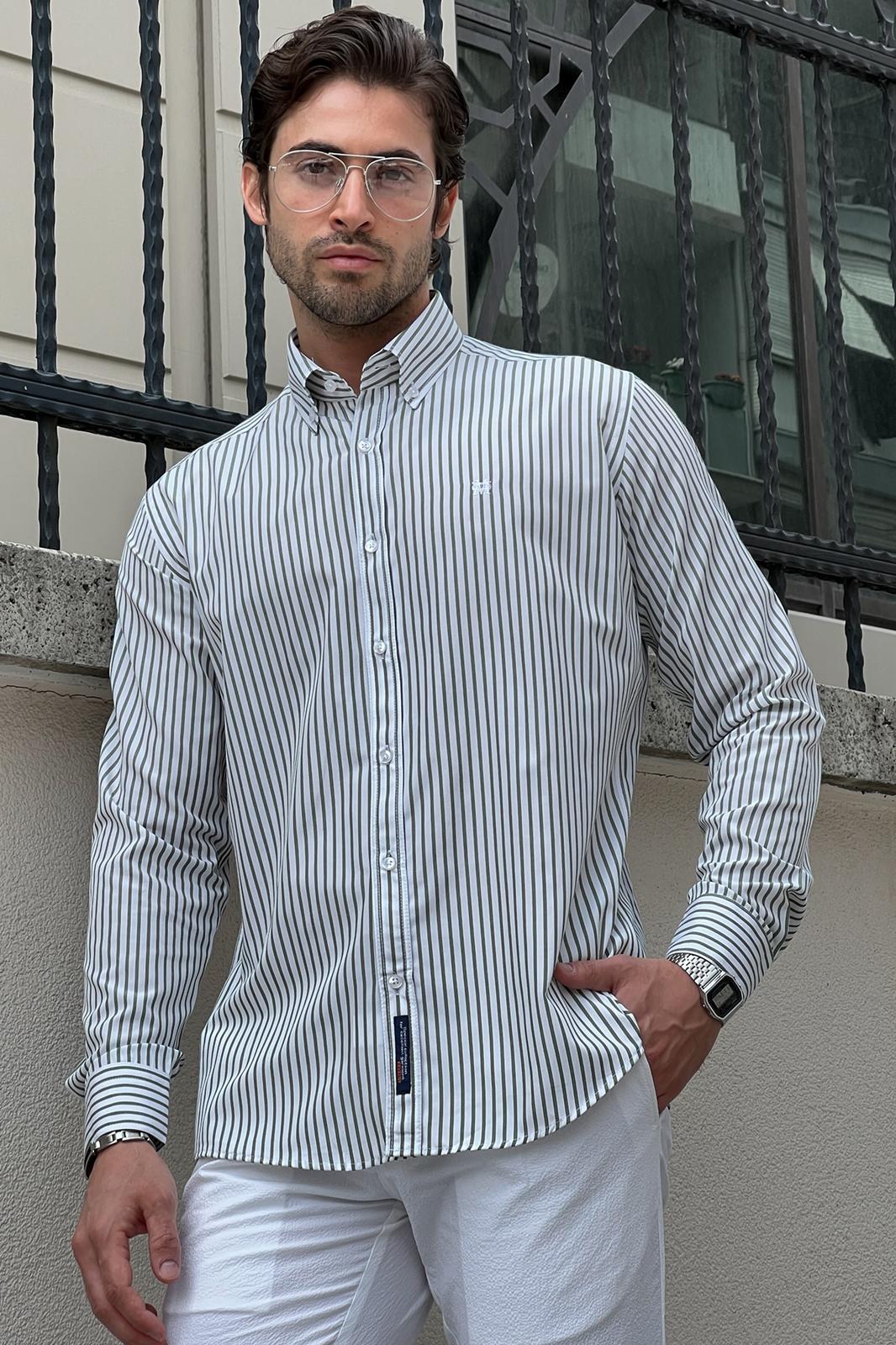 Brabion Daniel Striped White and Green Slim Fit Shirt
