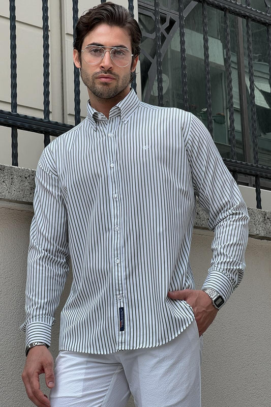 Brabion Daniel Striped White and Green Slim Fit Shirt