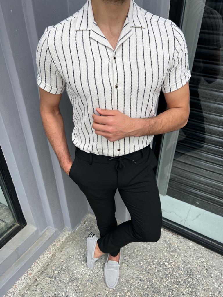 Brabion Lyon White Slim Fit Short Sleeve Striped Cotton Shirt