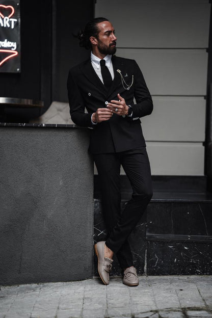 Evo Black Slim Fit Double Breasted Suit - Perfect for Any Occasion