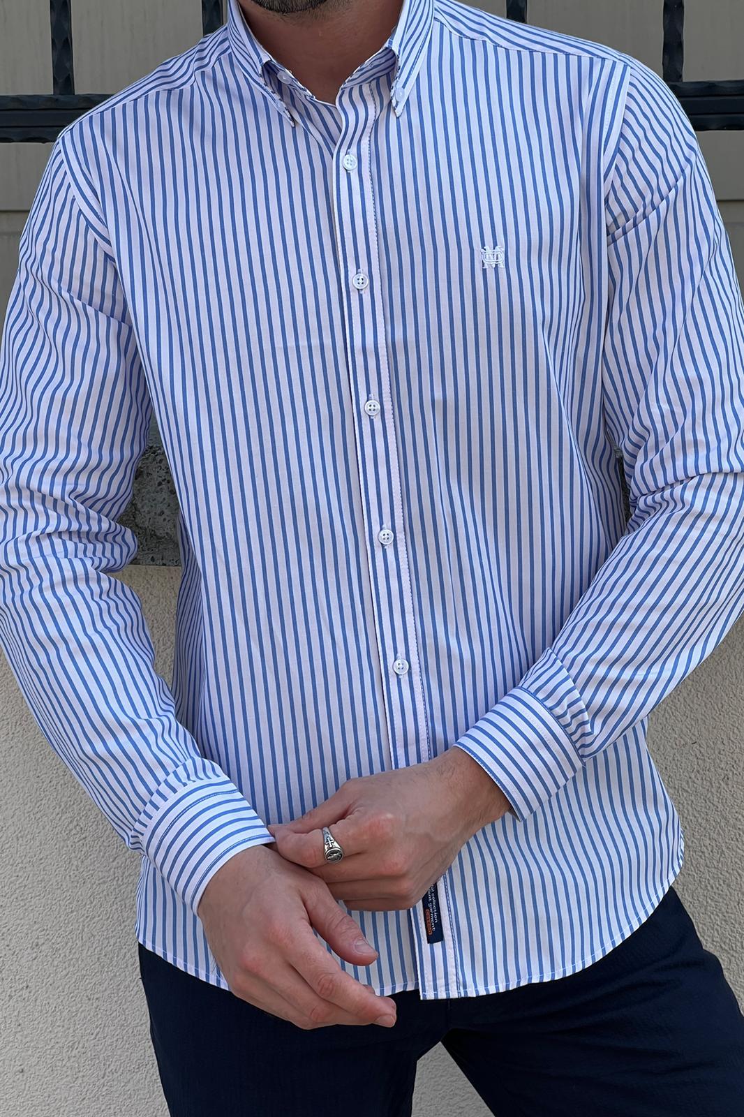 Brabion Daniel Striped White and Blue Slim Fit Shirt