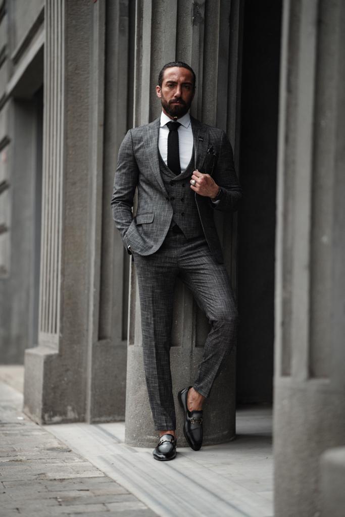 Evo Dark Gray Slim Fit Crosshatch Suit – Elevate Your Style