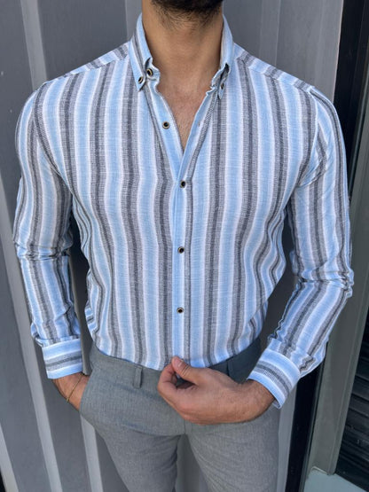 Brabion Lyon Blue Slim Fit Long Sleeve Striped Cotton Shirt