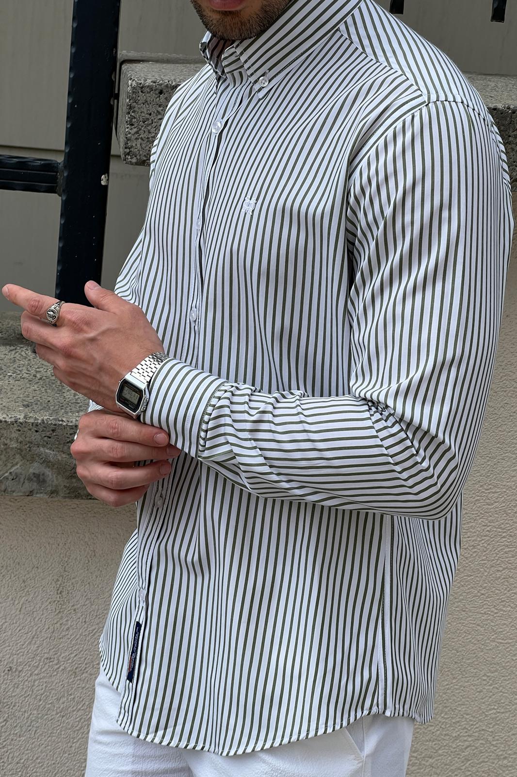 Brabion Daniel Striped White and Green Slim Fit Shirt