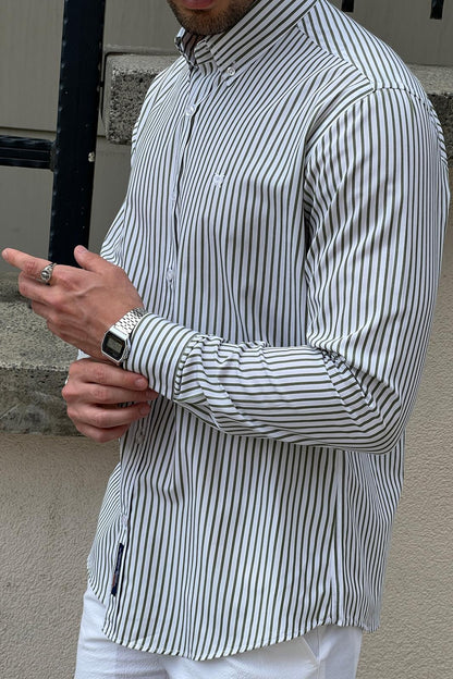 Brabion Daniel Striped White and Green Slim Fit Shirt