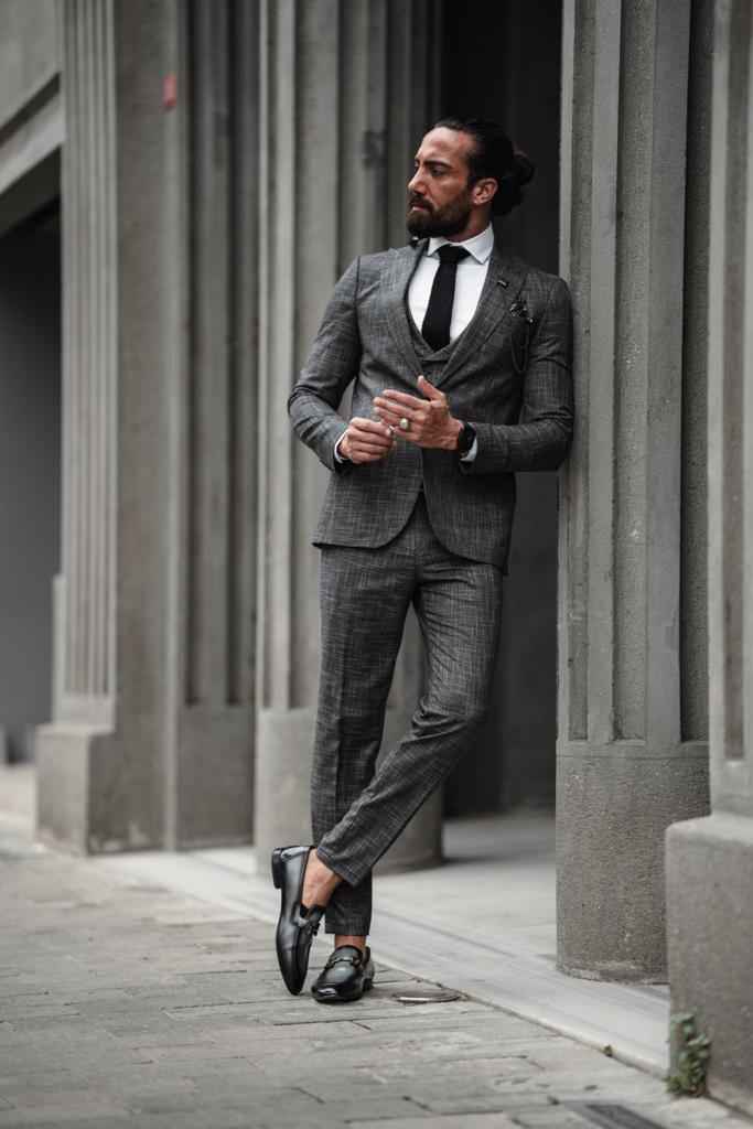 Evo Dark Gray Slim Fit Crosshatch Suit – Elevate Your Style