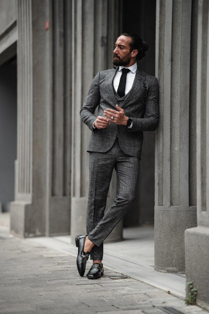 Evo Dark Gray Slim Fit Crosshatch Suit – Elevate Your Style