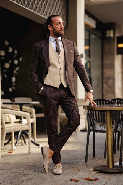 Vespo Beige & Brown Combination Suit - Slim-Fit Three-Piece Elegance