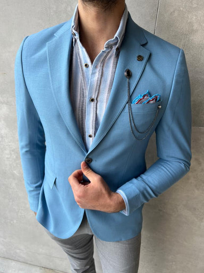 Lyon Sky Blue Slim Fit Notch Lapel Linen Blazer
