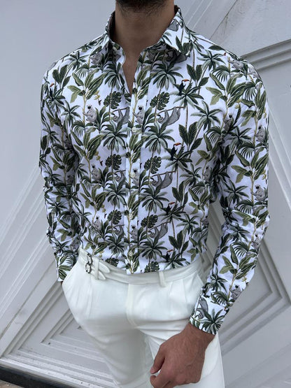 Brabion Lyon White Green Slim Fit Long Sleeve Tropical Cotton Shirt