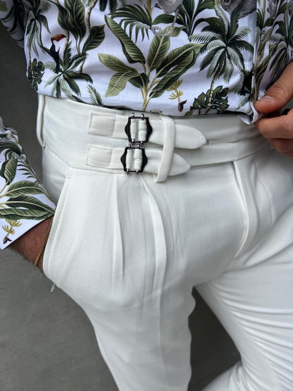 Lyon White Slim Fit Buckle Pants – Effortless Elegance