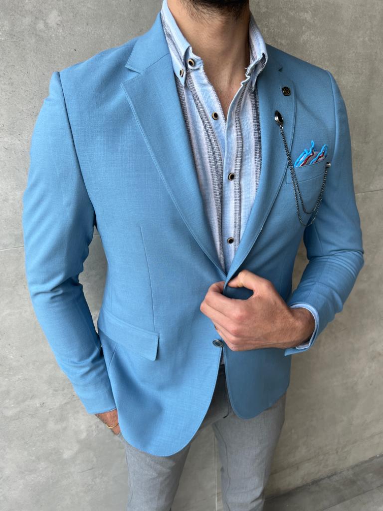 Lyon Sky Blue Slim Fit Notch Lapel Linen Blazer