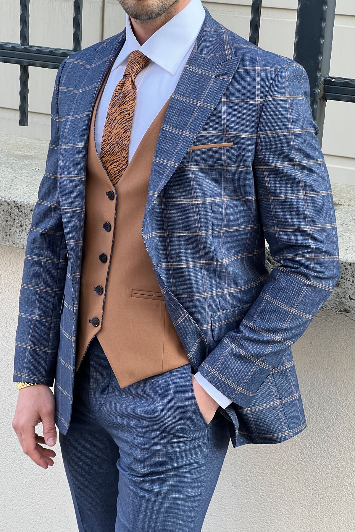 Daniel Navy Blue and Camel Slim-Fit Suit: A Timeless Classic for Every Occasion