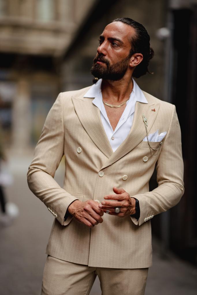 Evo Beige Slim Fit Double Breasted Pinstripe Suit