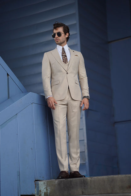 Daniel Slim Fit Cream Wool Suit - Three-Piece Elegance