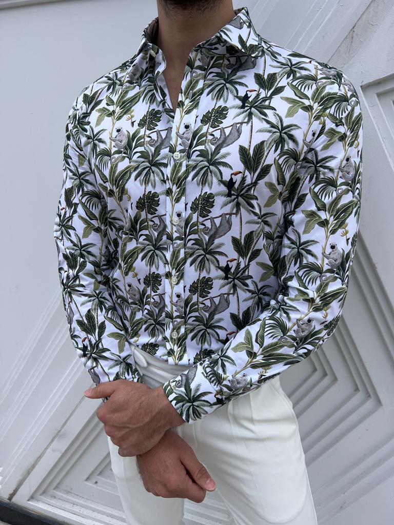 Brabion Lyon White Green Slim Fit Long Sleeve Tropical Cotton Shirt