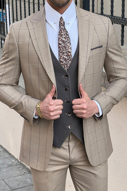 Daniel Patterned Beige Wool Suit - Slim-Fit 3-Piece Elegance