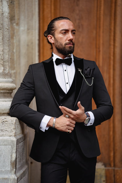 Daniel Black Slim Fit Velvet Peak Lapel Tuxedo