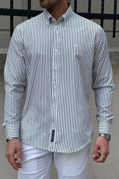 Brabion Daniel Striped White and Green Slim Fit Shirt