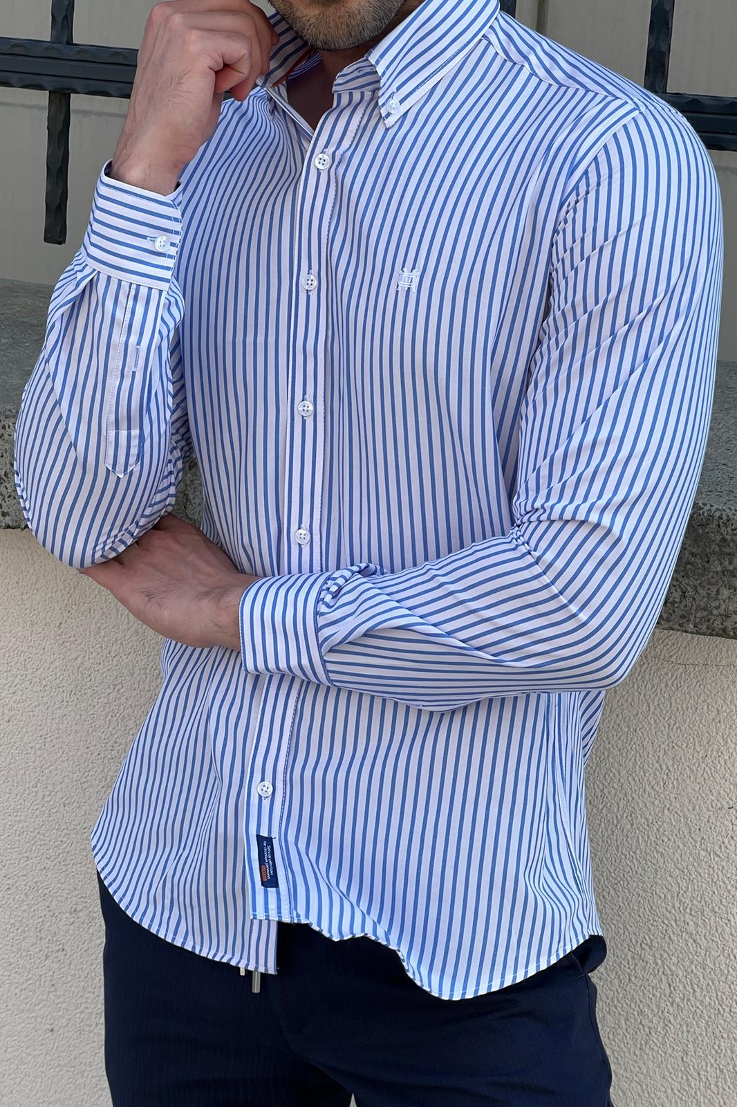 Brabion Daniel Striped White and Blue Slim Fit Shirt
