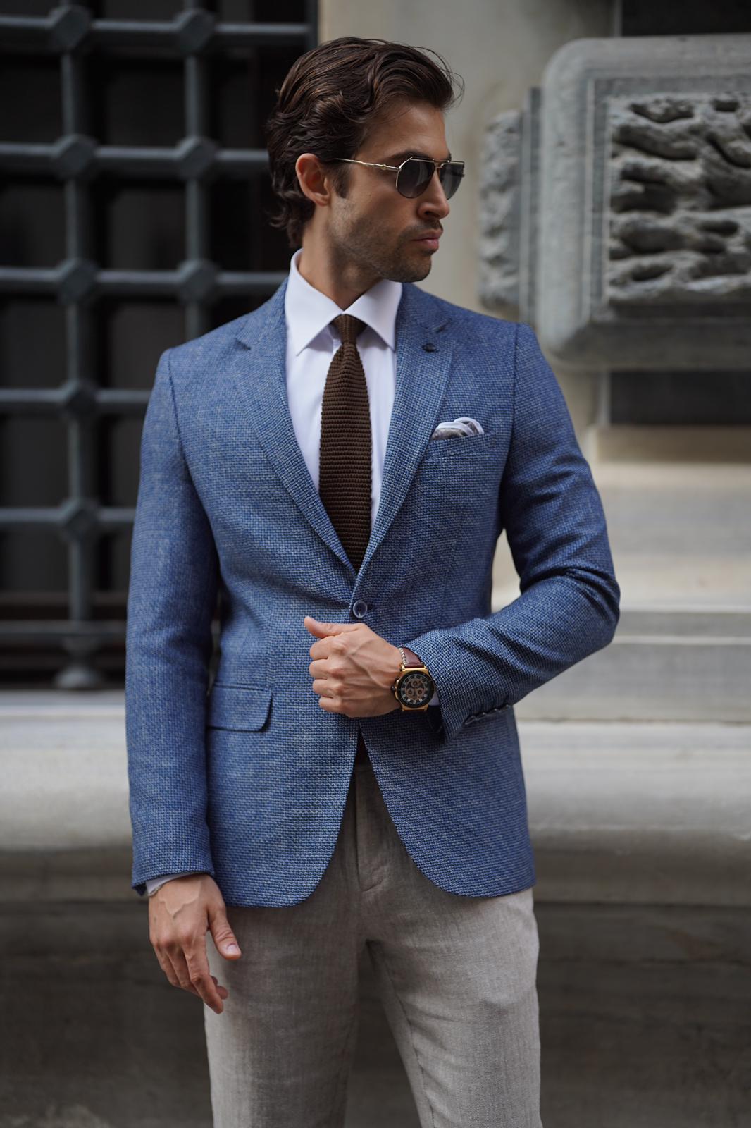 Stefano Blue Wool Slim Fit Blazer