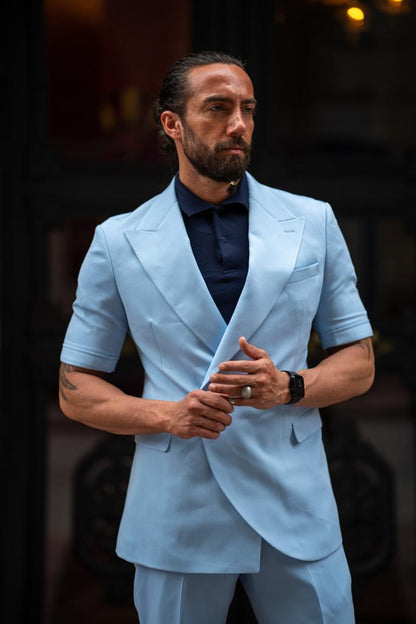 Evo Sky Blue Slim Fit Double Breasted Short Sleeve Suit