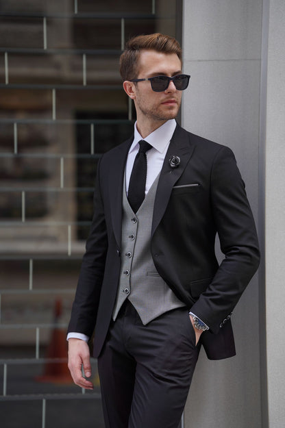 Daniel Black and Gray Wool Suit - Elegant Slim-Fit Three-Piece Ensemble