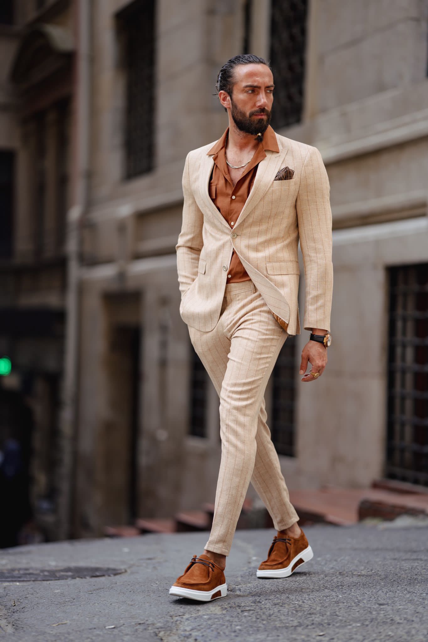 Evo Beige Slim Fit Pinstripe Suit
