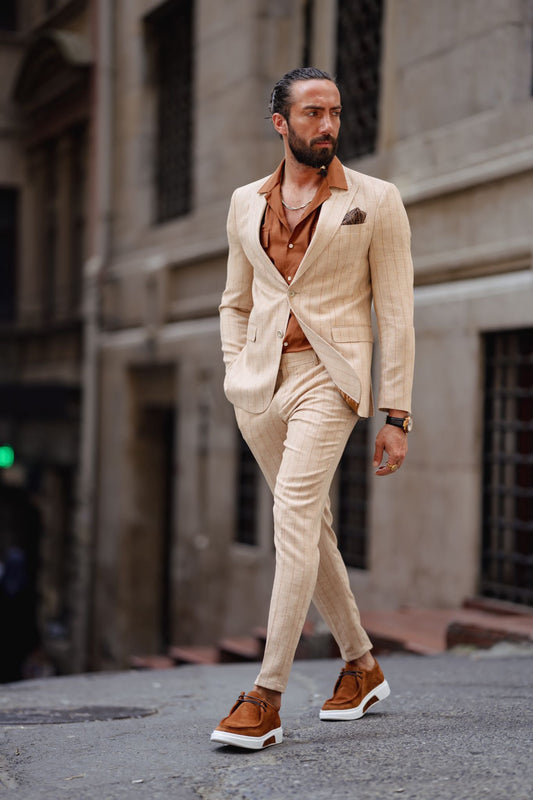 Evo Beige Slim Fit Pinstripe Suit