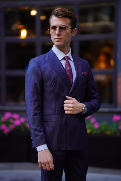 Vespo Pinstripe Navy Blue Double Breasted Suit for Modern Men