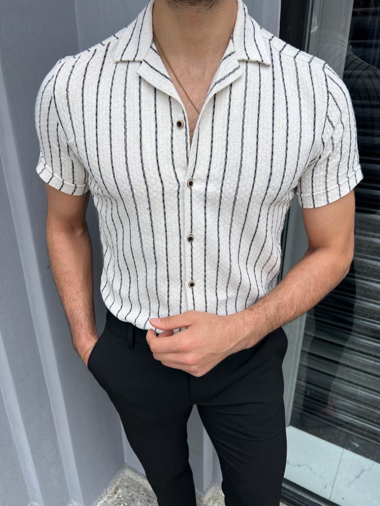 Brabion Lyon White Slim Fit Short Sleeve Striped Cotton Shirt