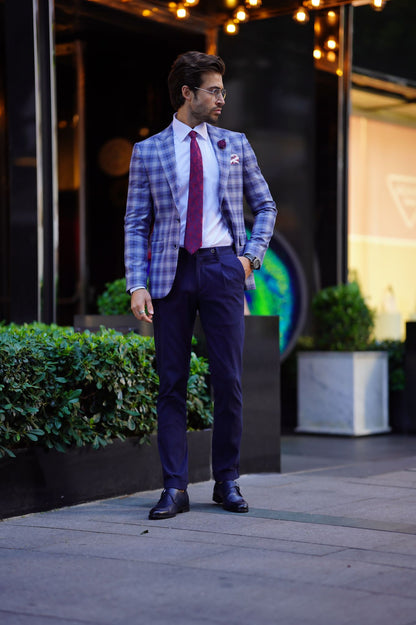 Vespo Plaid Blue Wool Blazer - Slim Fit Elegance for Every Occasion
