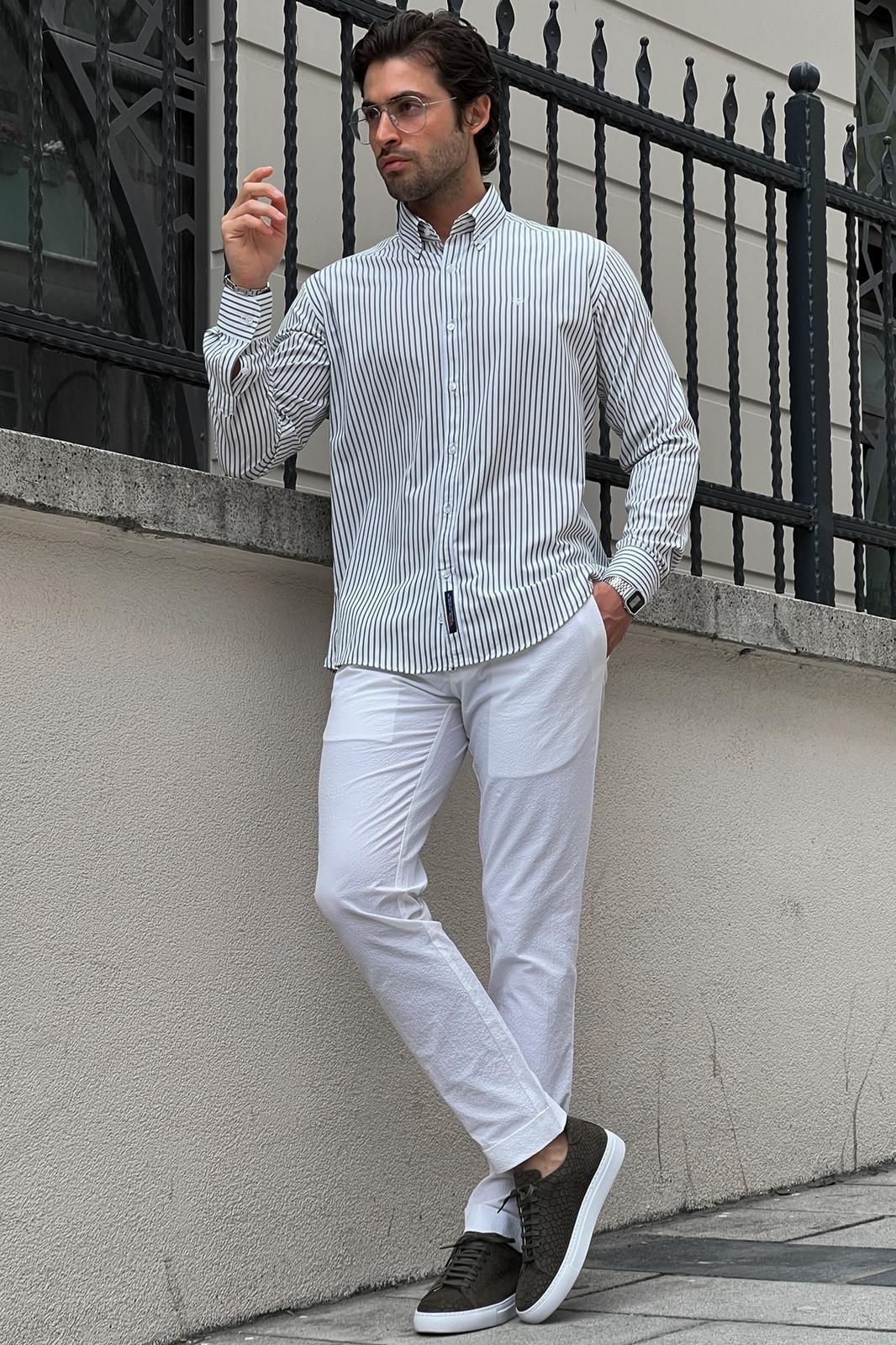 Brabion Daniel Striped White and Green Slim Fit Shirt