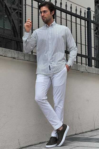 Brabion Daniel Striped White and Green Slim Fit Shirt