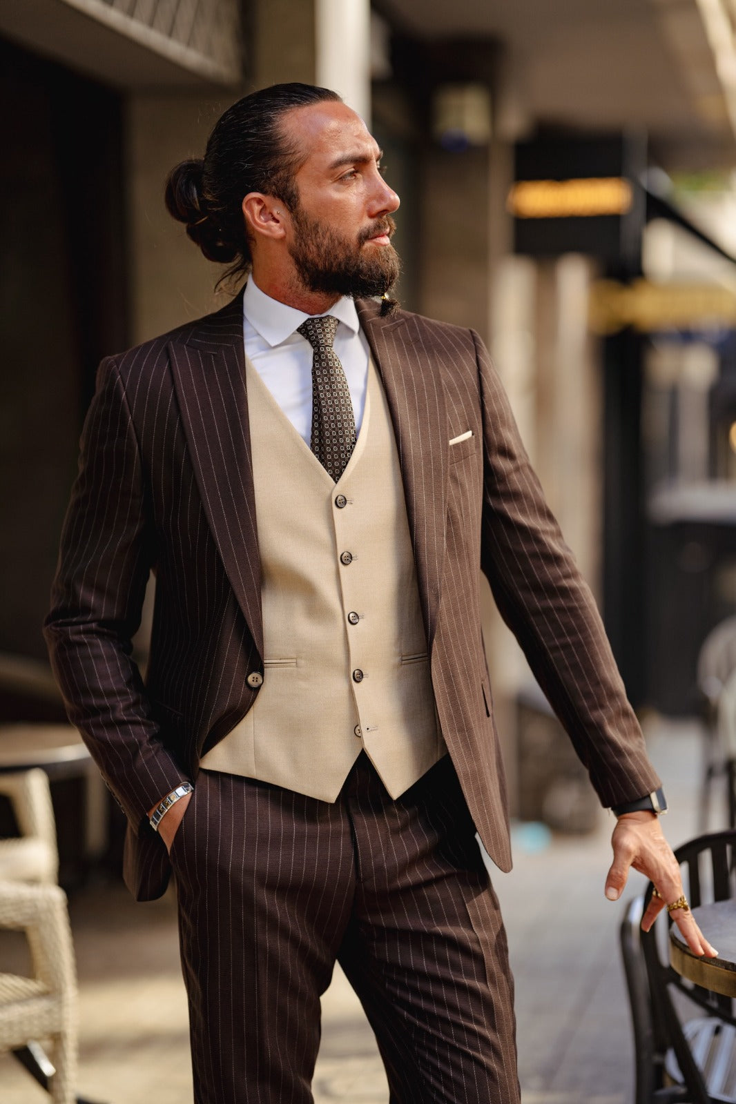 Vespo Beige & Brown Combination Suit - Slim-Fit Three-Piece Elegance
