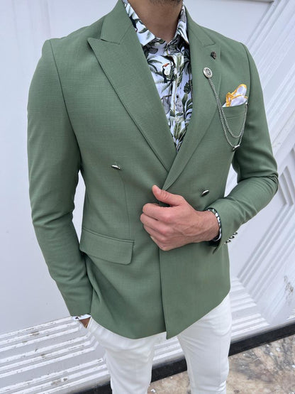 Lyon Green Slim Fit Double Breasted Linen Blazer