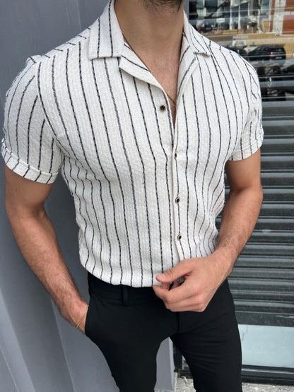 Brabion Lyon White Slim Fit Short Sleeve Striped Cotton Shirt