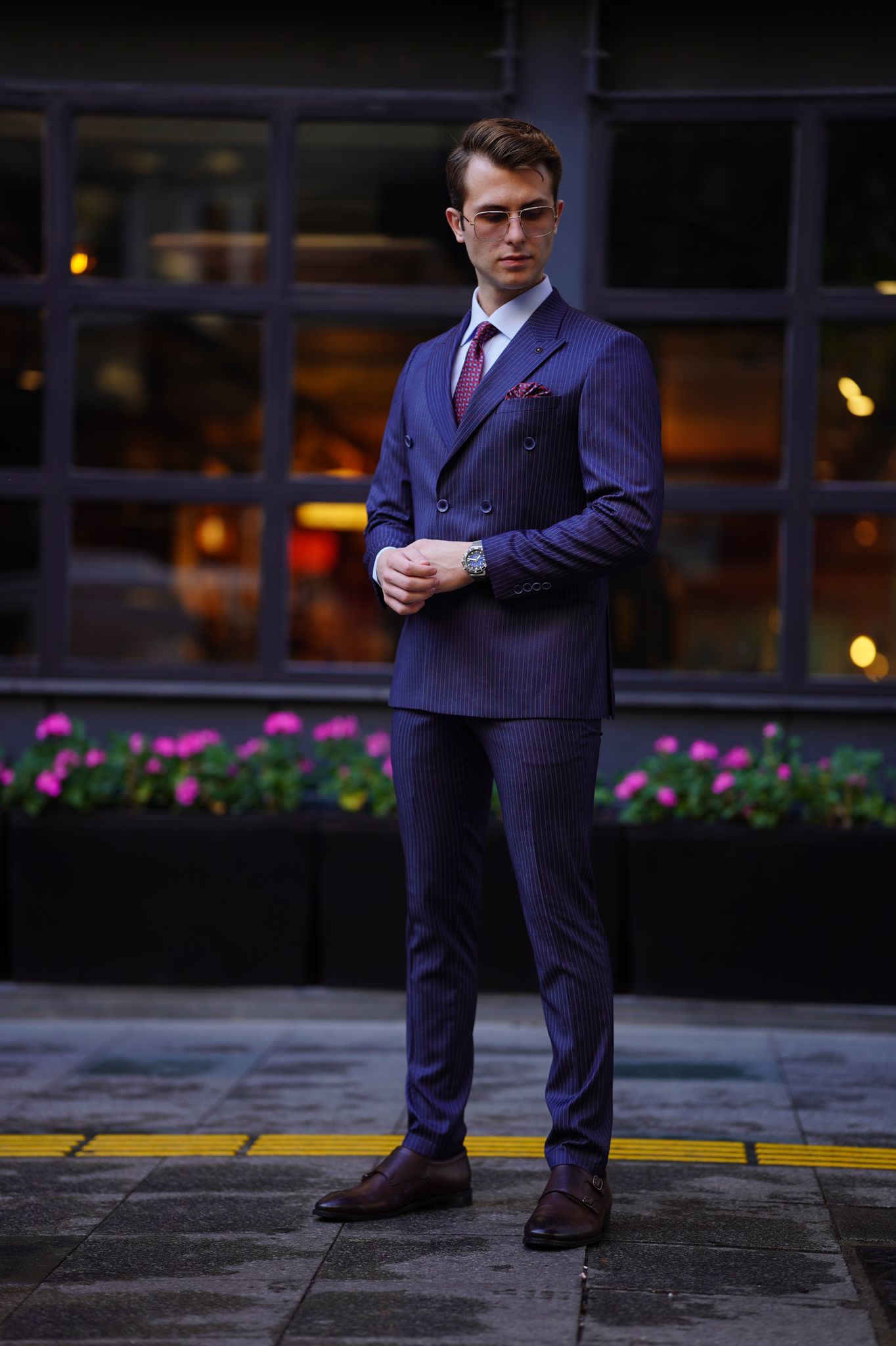 Vespo Pinstripe Navy Blue Double Breasted Suit for Modern Men