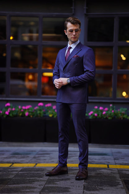 Vespo Pinstripe Navy Blue Double Breasted Suit for Modern Men