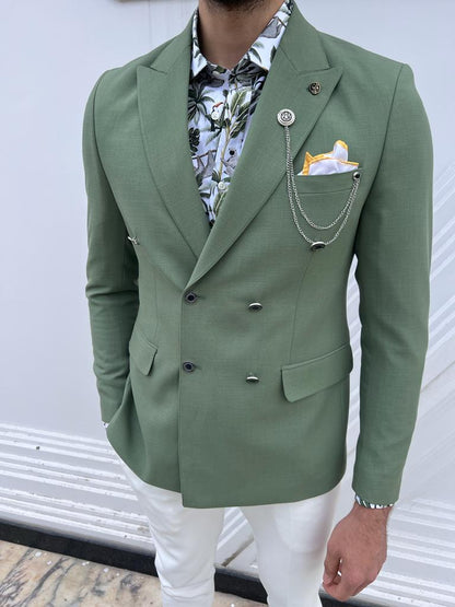 Lyon Green Slim Fit Double Breasted Linen Blazer