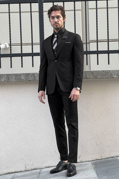Daniel Slim Fit Black Wool Suit - Elegant Versatility for Every Occasion