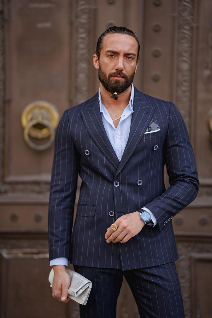 Evo Dark Blue Slim Fit Double Breasted Pinstripe Suit