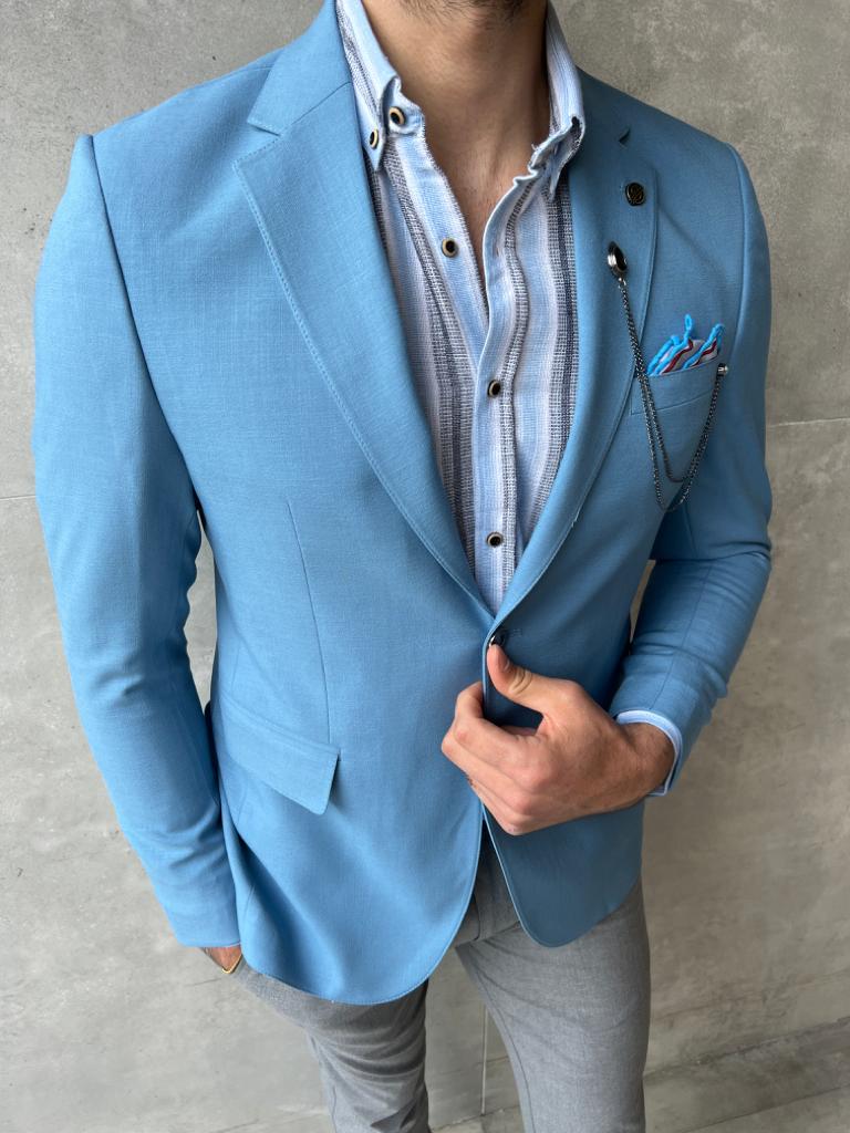 Lyon Sky Blue Slim Fit Notch Lapel Linen Blazer
