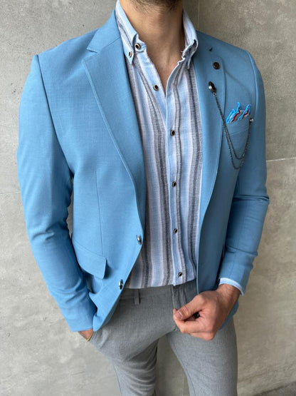 Lyon Sky Blue Slim Fit Notch Lapel Linen Blazer